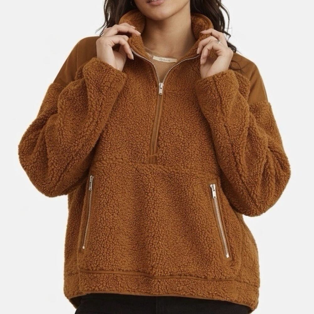 Madewell Sherpa Half-Zip Pullover Jacket Brown Fleece Mixed Media Womens XS